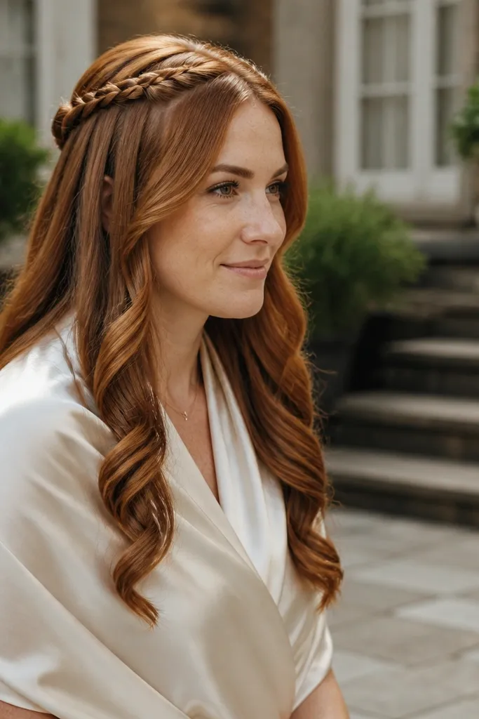 Half-up hair with a waterfall effect and twisted strands framing the face