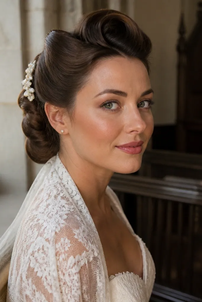 Long hair styled with vintage roll waves blending into a low roll bun