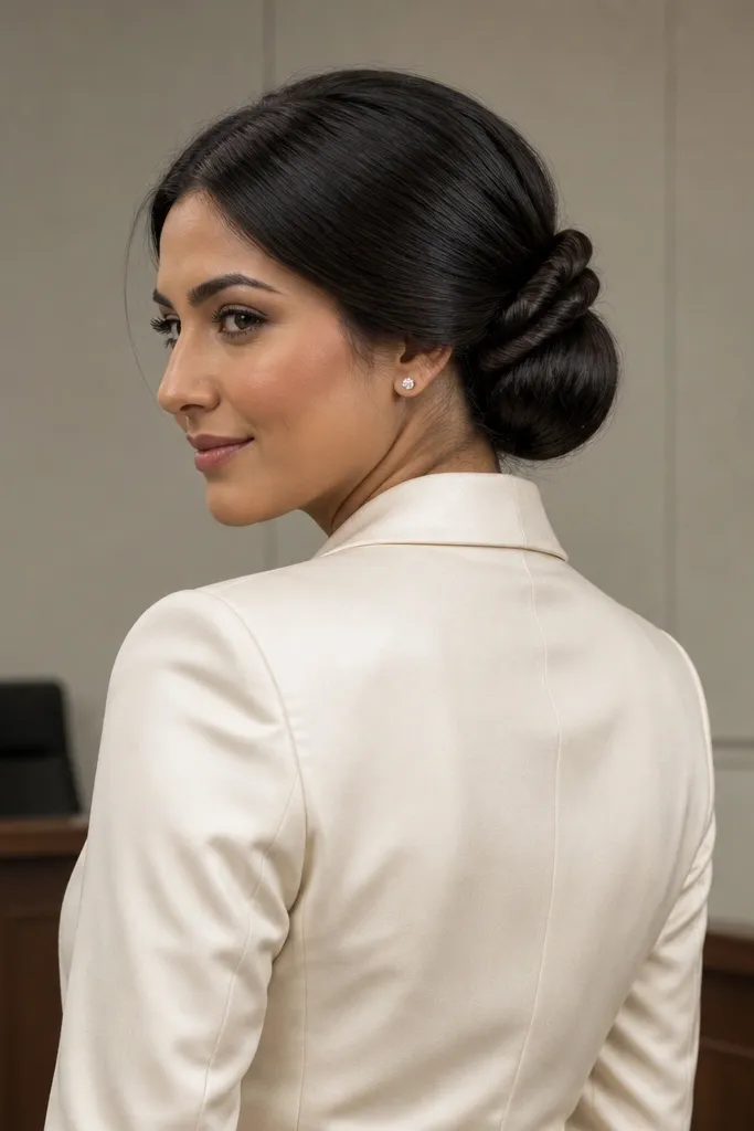 Low chignon with a rope twist detail wrapped around the back