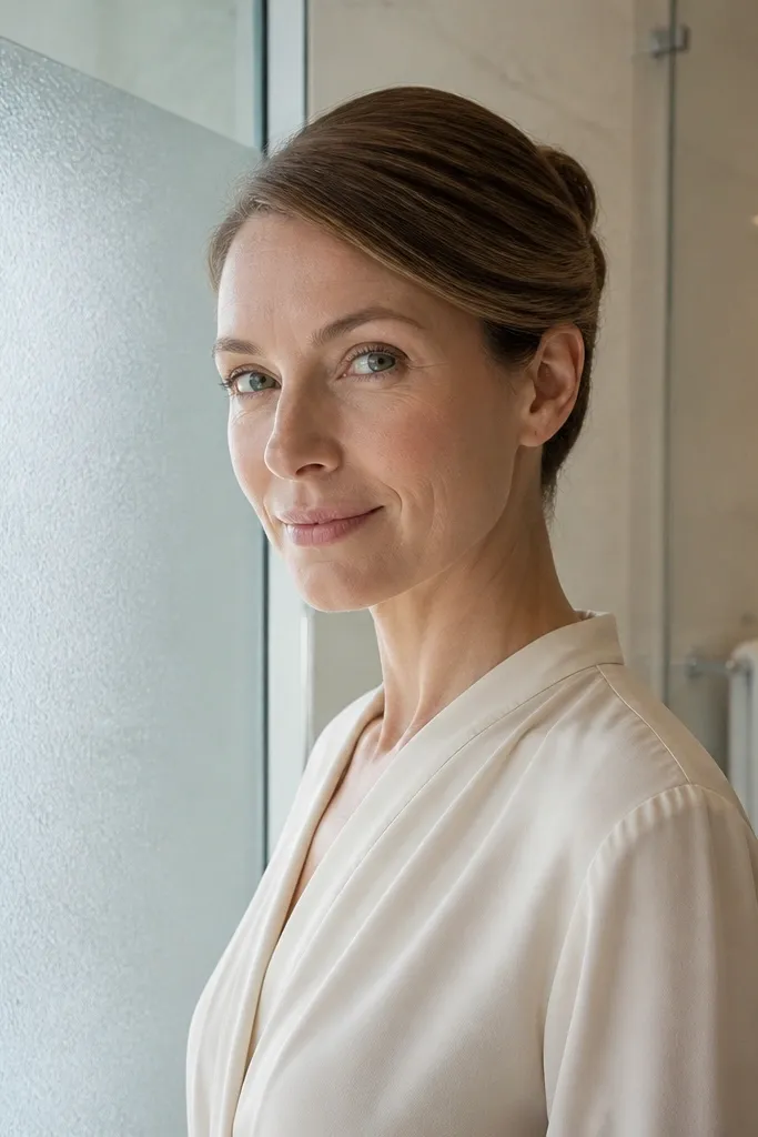 Sleek French twist with a deep side part and clean hairline