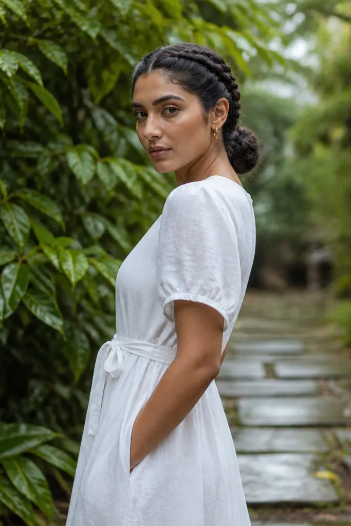 Two dutch braids that merge into a low bun