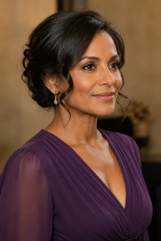 Updo with tucked waves at the sides and smooth pinned back