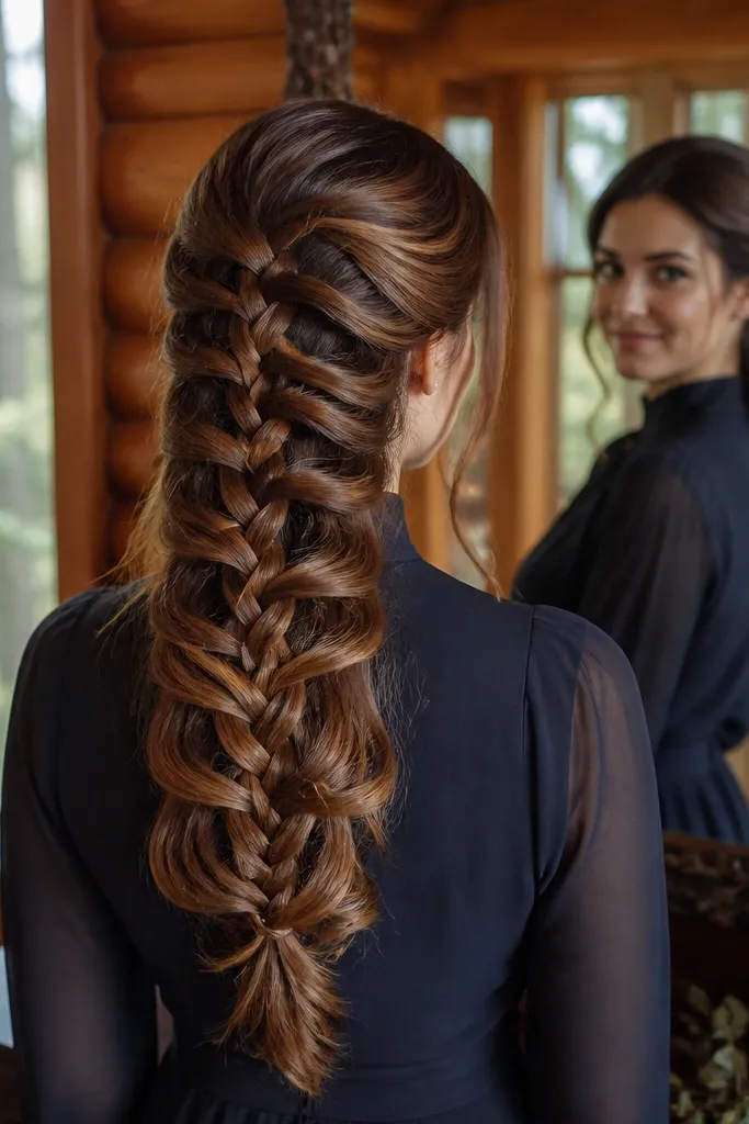 Long hair with a waterfall braid running down the back