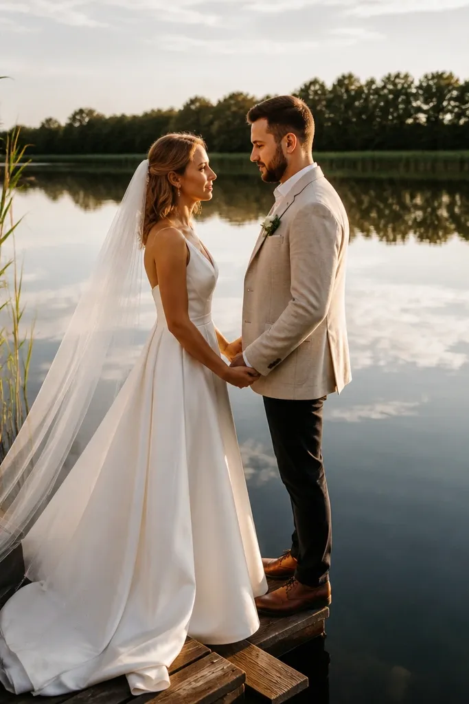 Bride and groom holding hands by a calm lake at sunset