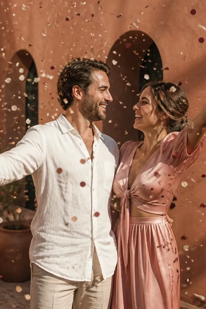 Bride and groom laughing while confetti falls in a terracotta courtyard
