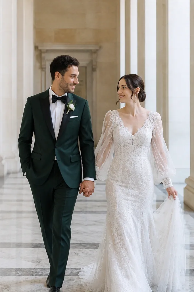 Bride and groom holding hands in a marble hallway