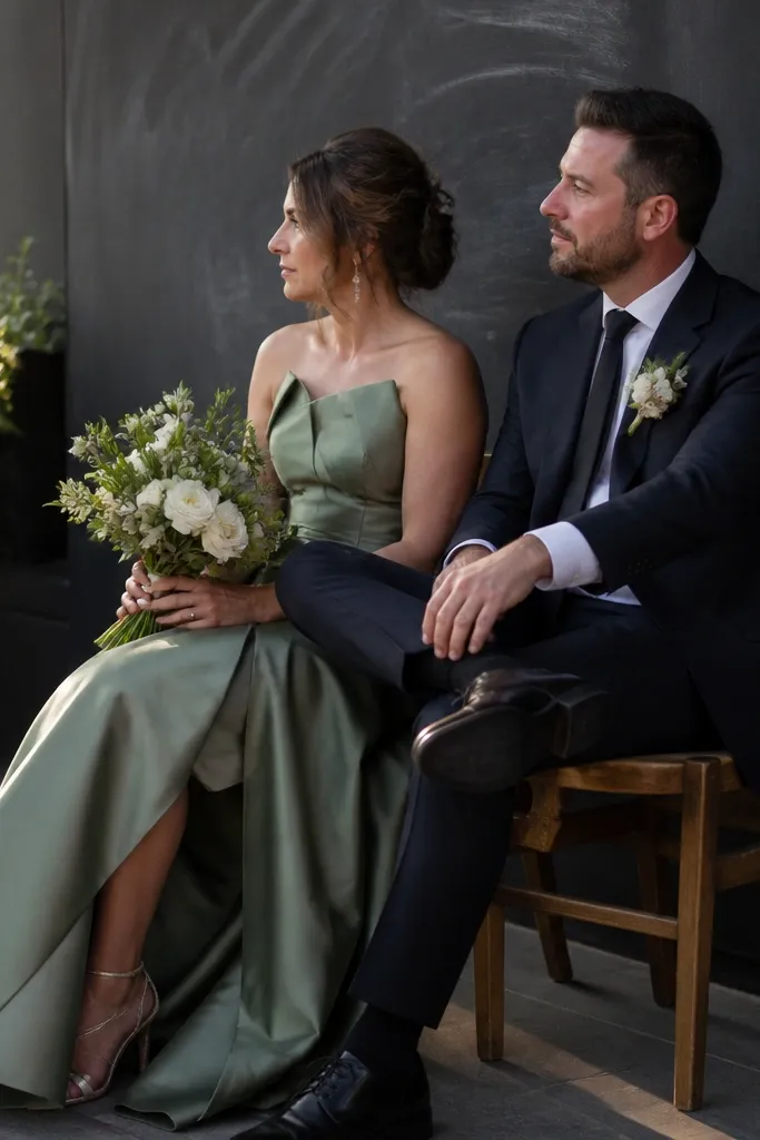 Bride and groom seated against a chalkboard wall with handwritten-style decorations