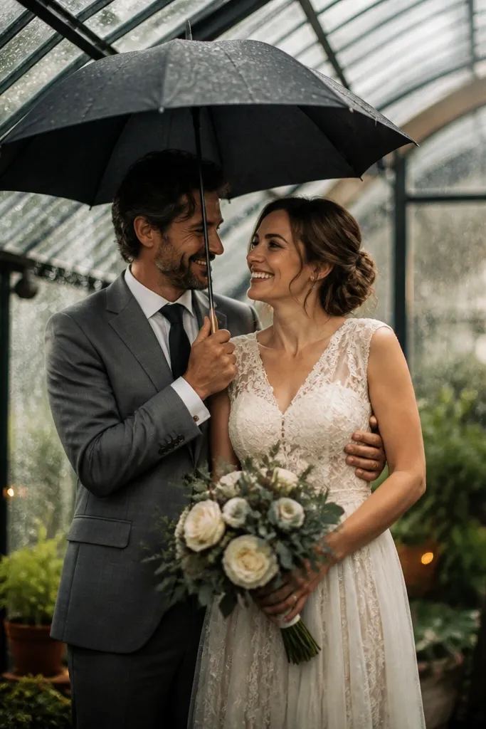 Couple under an umbrella inside a greenhouse with visible rain droplets