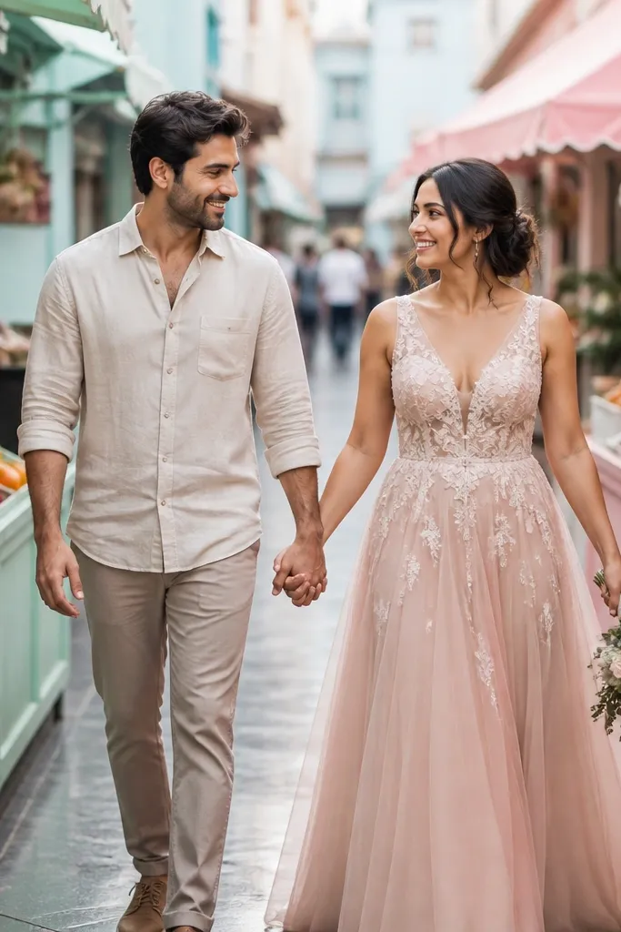 Bride and groom holding hands in front of pastel market stalls
