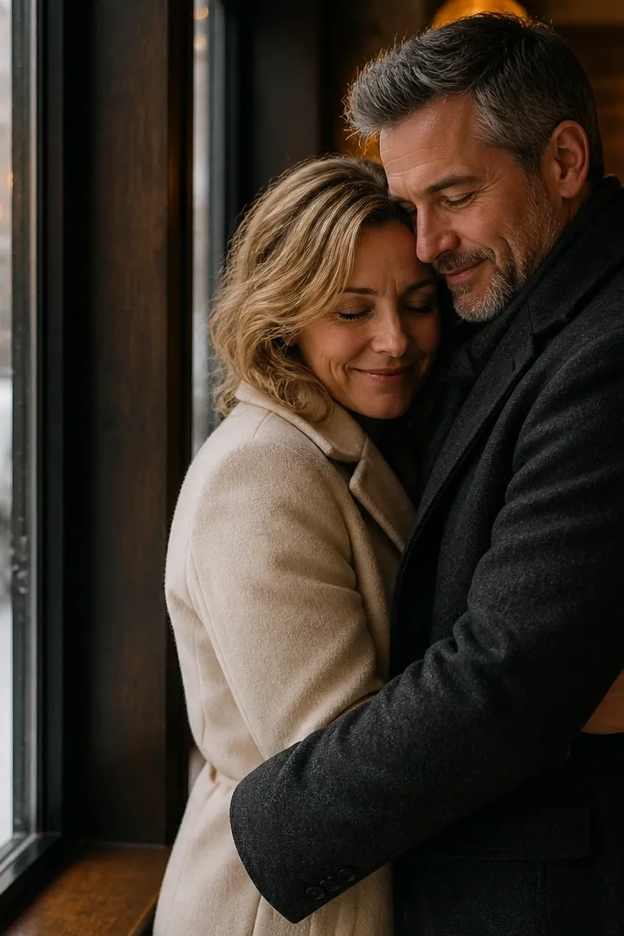 Couple hugging near a window with snowy light outside