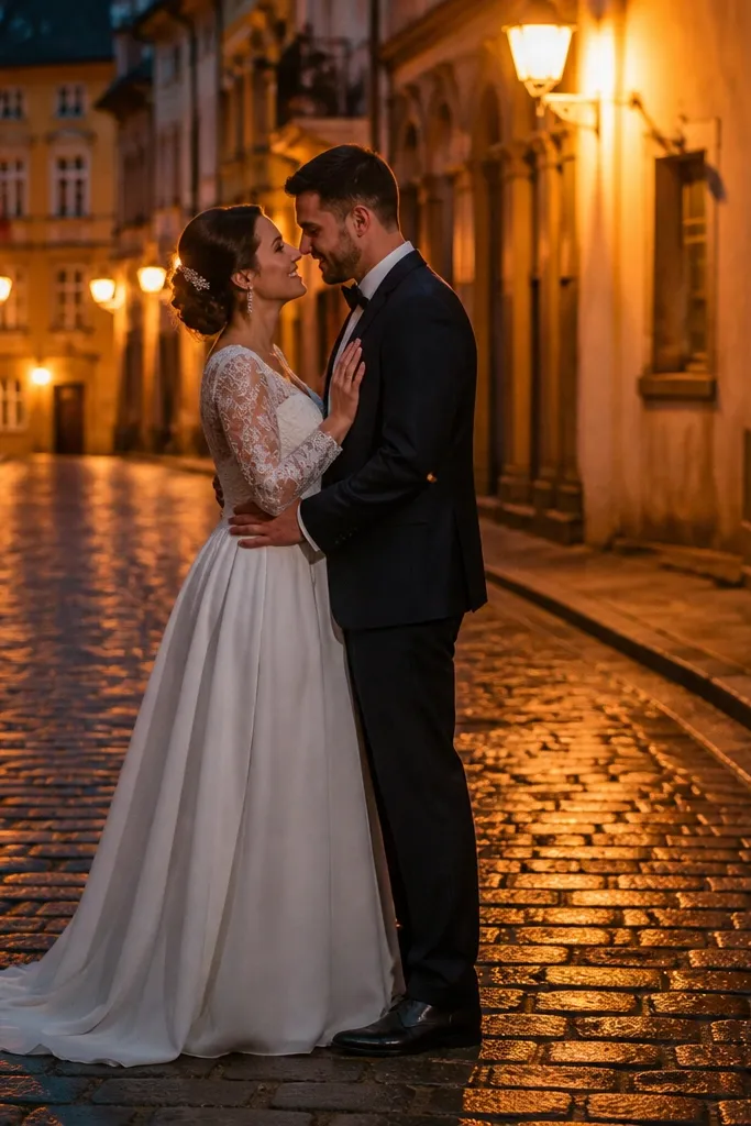 Couple kissing on cobblestones with warm lantern light