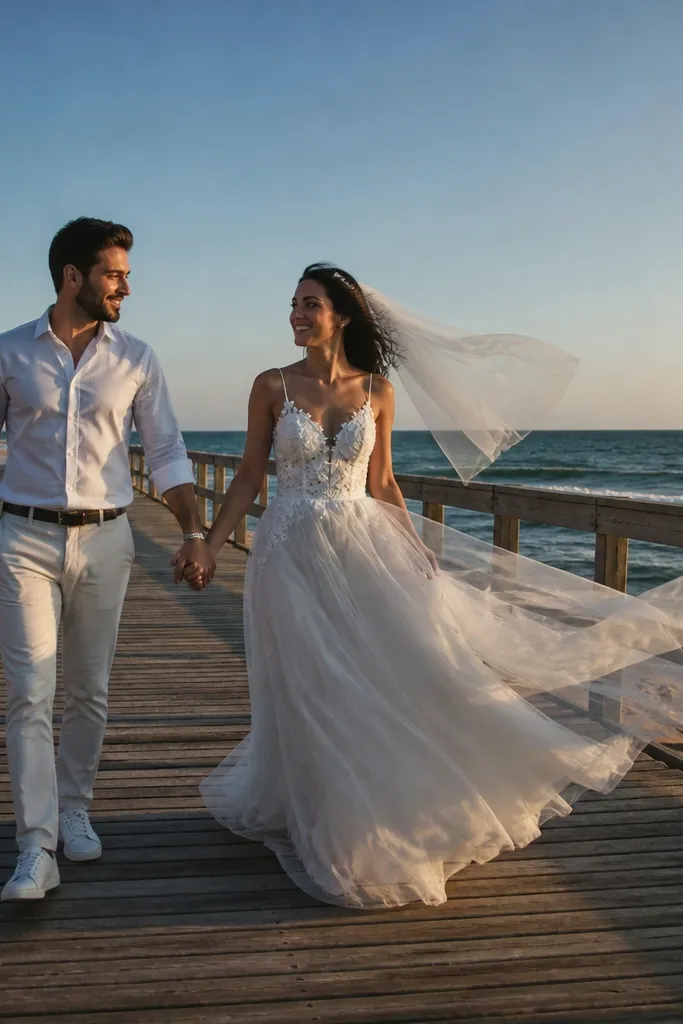 Bride and groom standing on a quiet boardwalk with wind-blown fabric