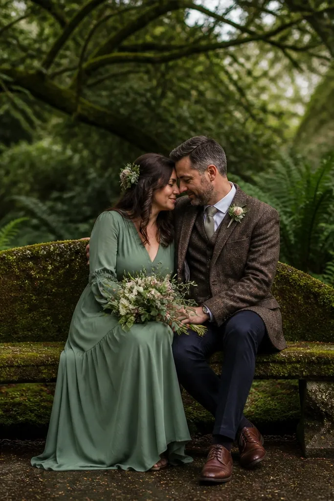 Couple seated on a mossy bench in a botanical garden