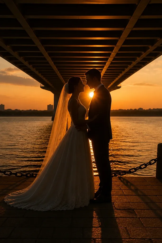 Couple standing under a bridge with light shining from behind