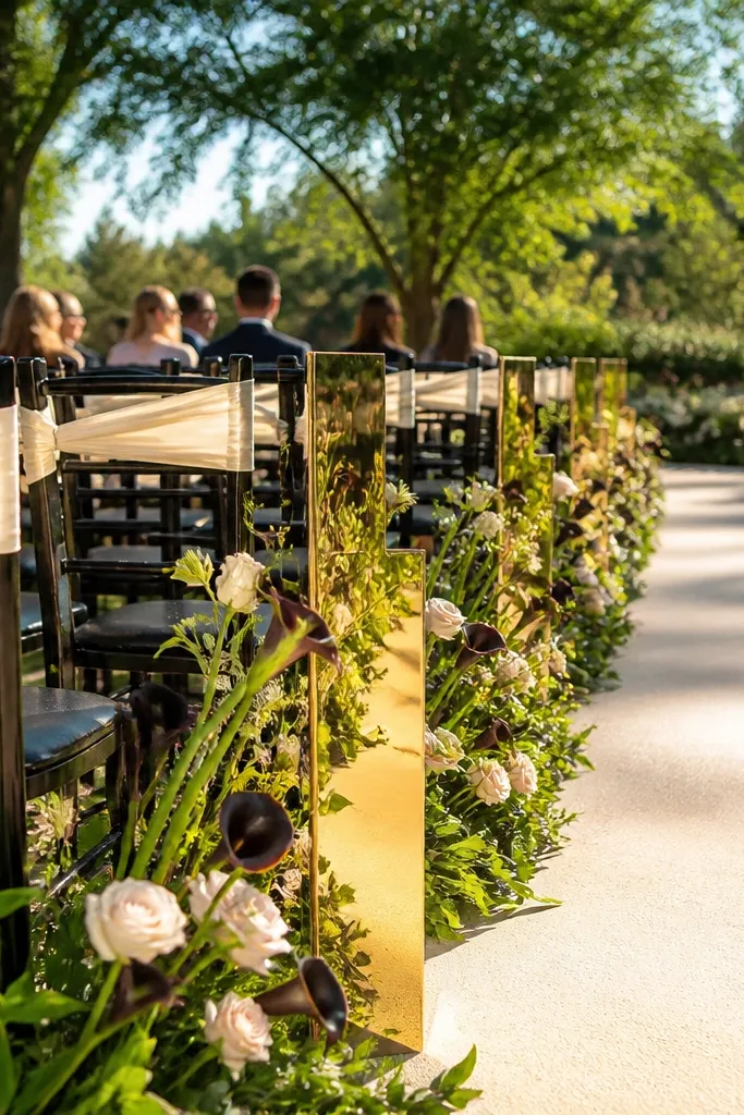 Ivory table linens, black accents, and gold candle holders in a warm outdoor setting