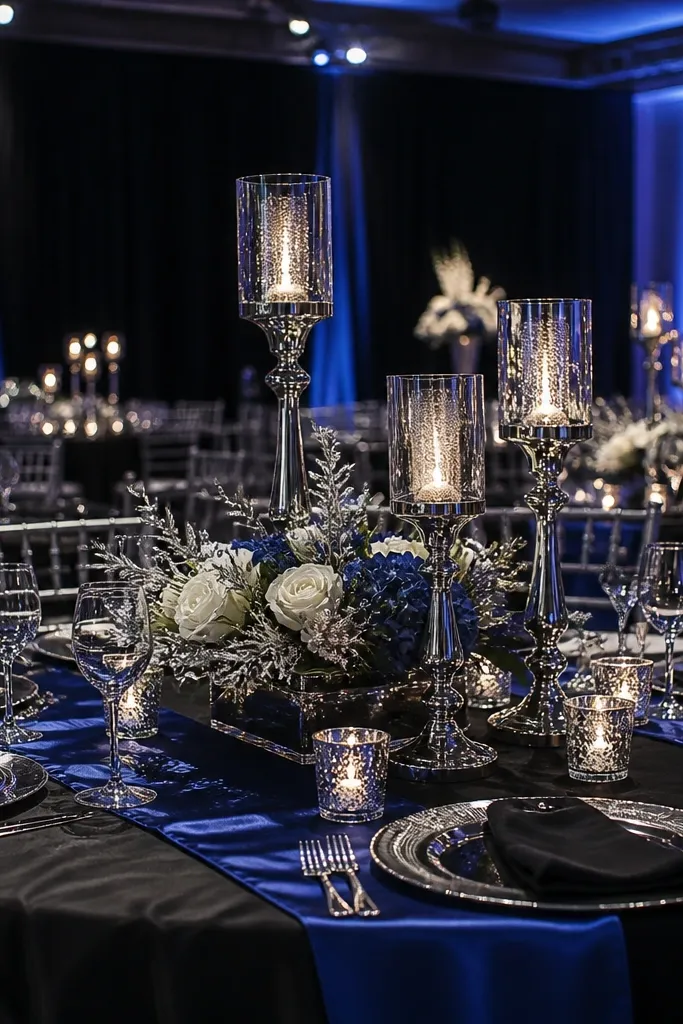 Black table setup with deep blue flowers and silver candle stands