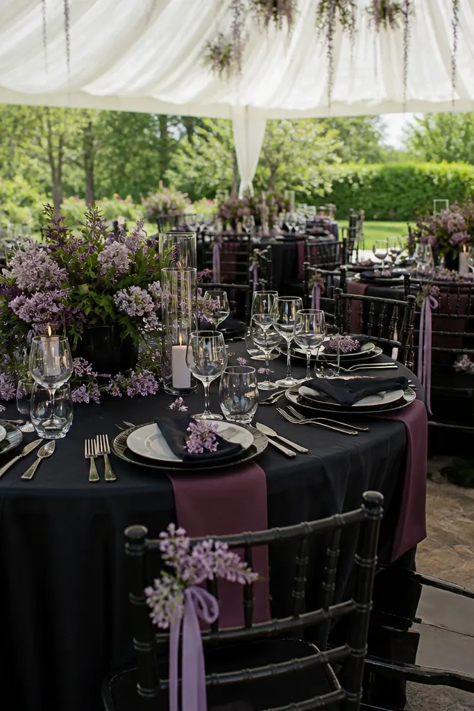 Black table decor with plum and lilac floral arrangements