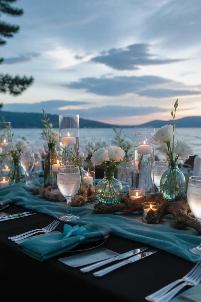 Black linens with teal bouquets and pale sea-glass accents