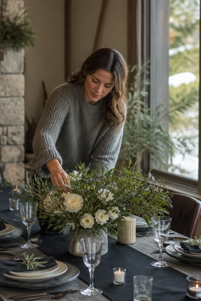 Black table runner with olive greenery and creamy white florals