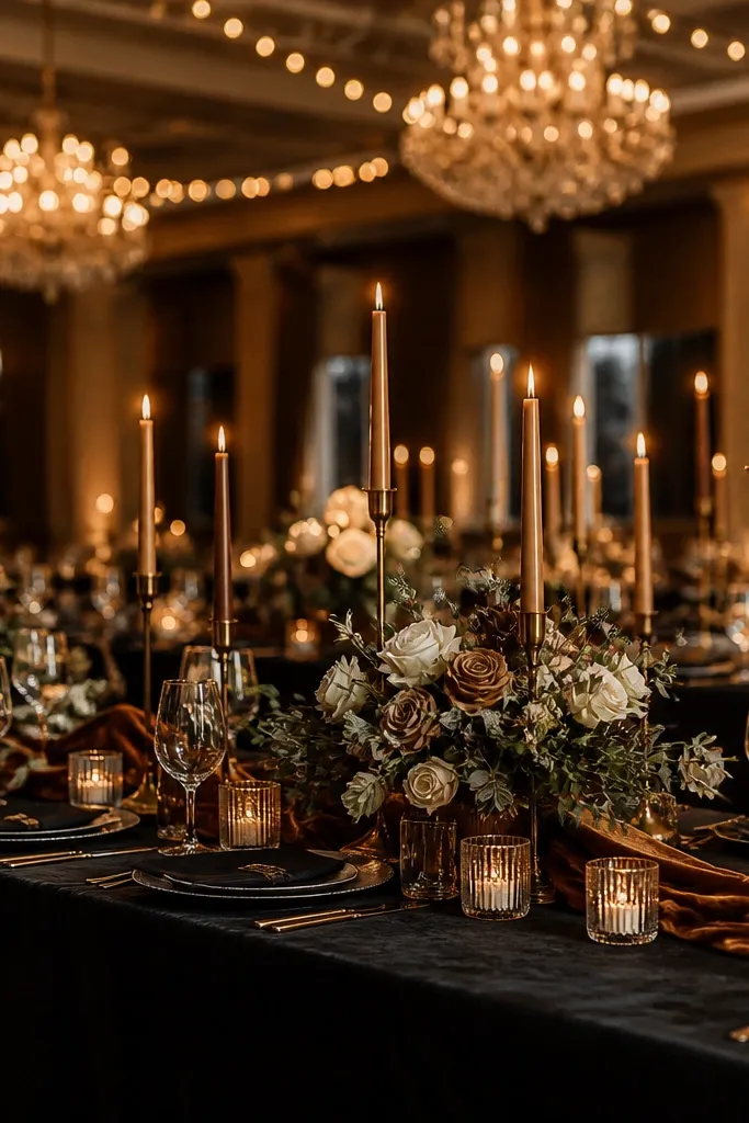 Black velvet drapes with bronze candle accents and caramel-toned florals