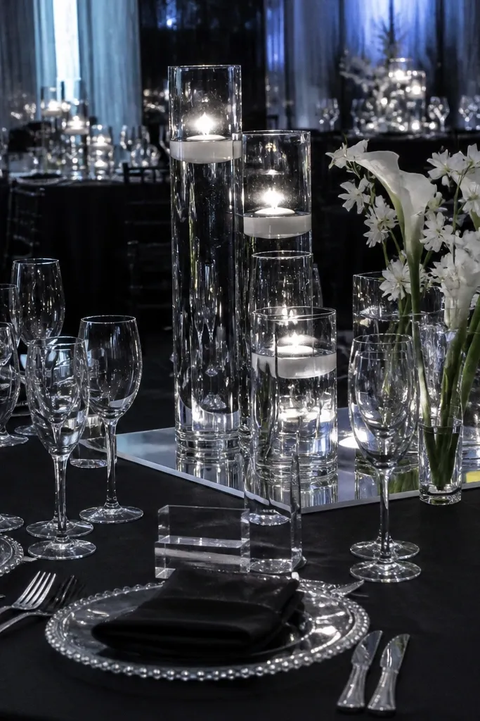 Jet black table decor with clear glass vases and tiny white flowers