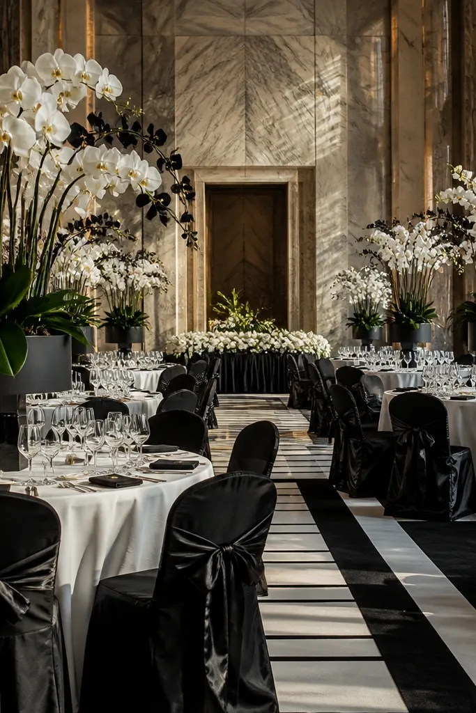 Black-and-white orchid arrangements with black linens and white accents