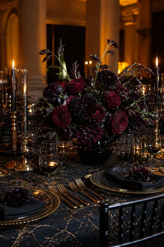 Black floral centerpieces with gold candle holders and dark satin linens