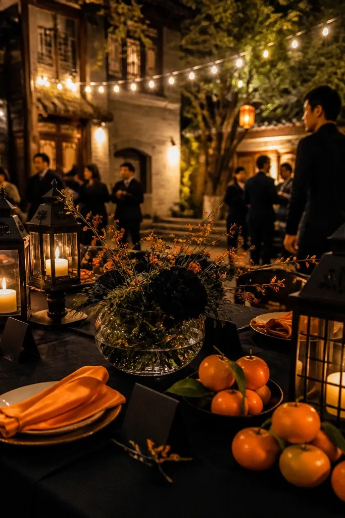 Black decor with bright tangerine flowers and warm lantern lighting