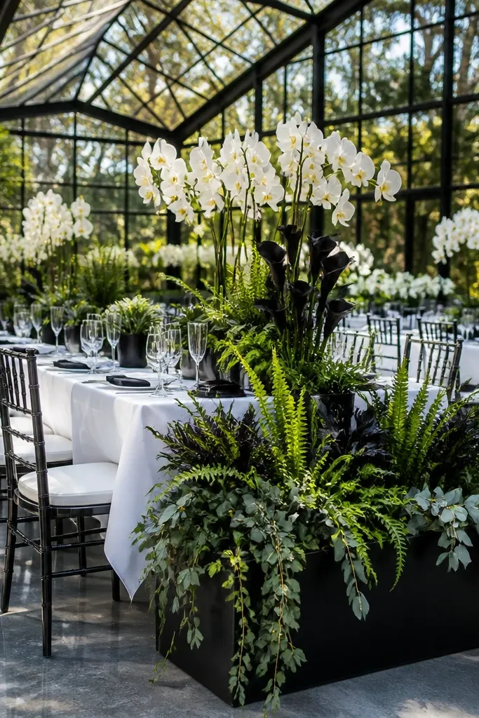 Black and white wedding decor with fresh green plants in a bright glasshouse