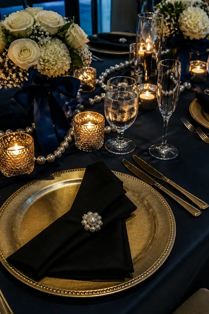 Black and navy table decor with pearl-white candles and soft floral accents