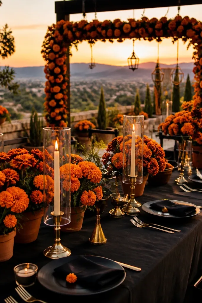 Black wedding decor with marigold flowers and antique gold candle holders