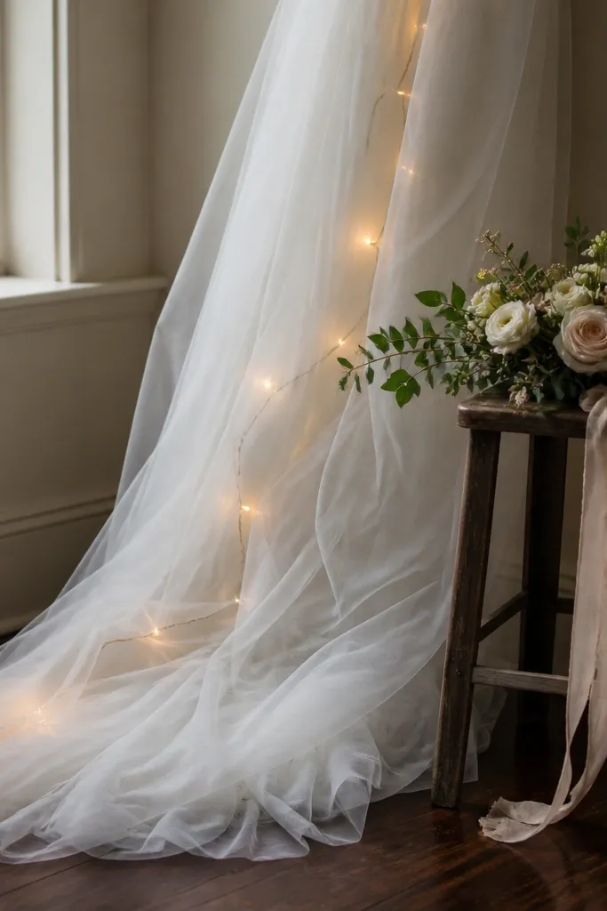 White tulle draped beside a window with warm fairy lights and a small bouquet on a stool