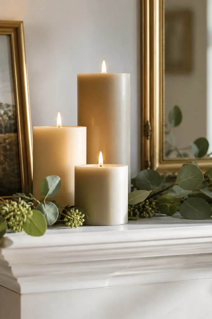 Three candles on a mantel with faux eucalyptus garland and gold picture frames