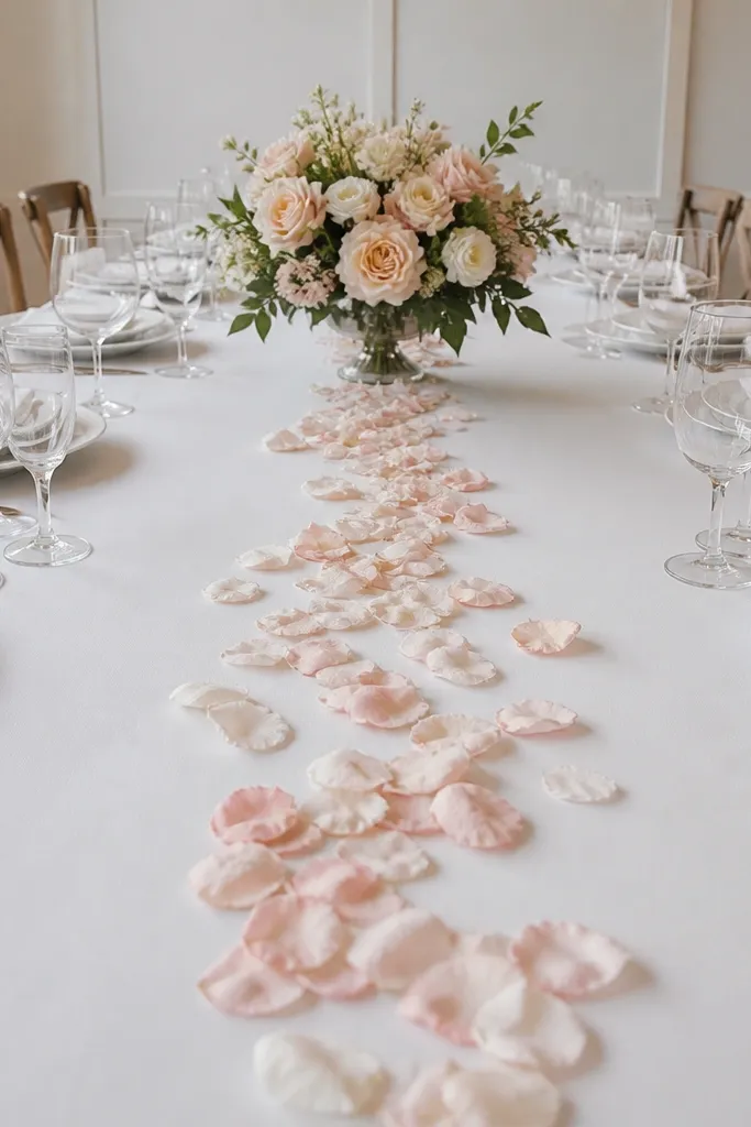 White table runner with scattered blush petals leading to a small centerpiece