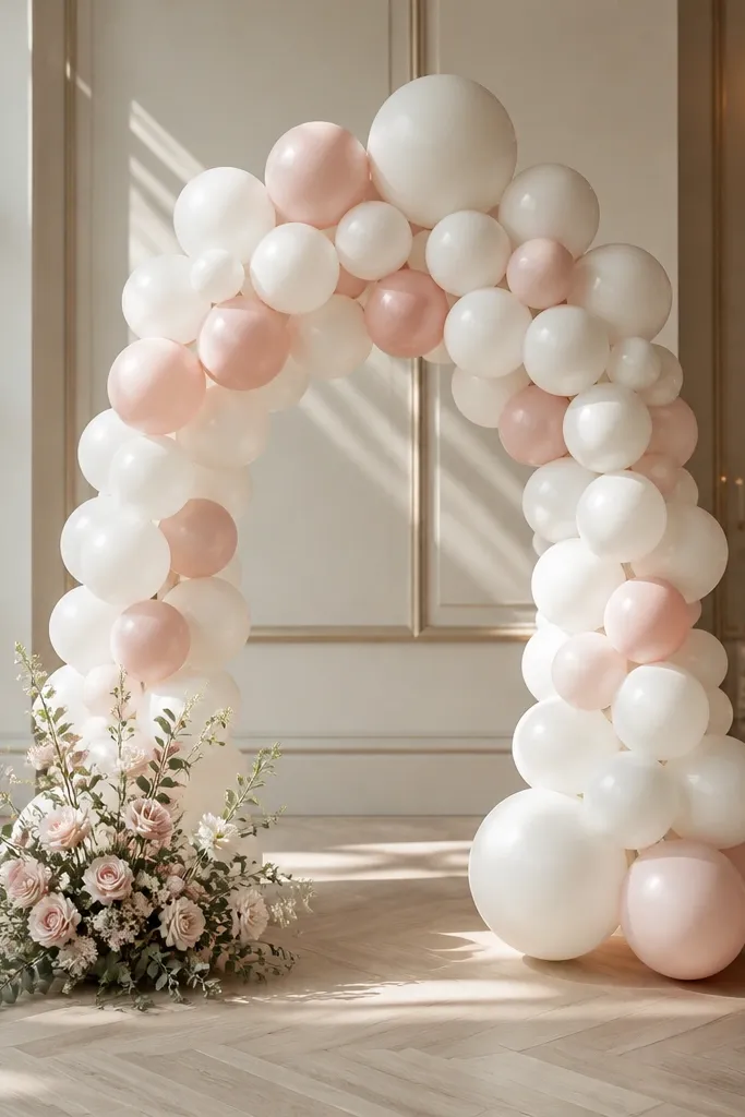 Mini blush balloon arch with white balloons and a small flower cluster at the base