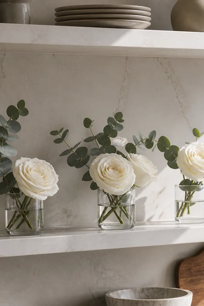 White roses in small vases with eucalyptus on a kitchen shelf
