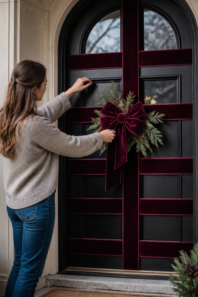 Deep plum velvet ribbon arranged in a ladder pattern across a doorway with a small wreath