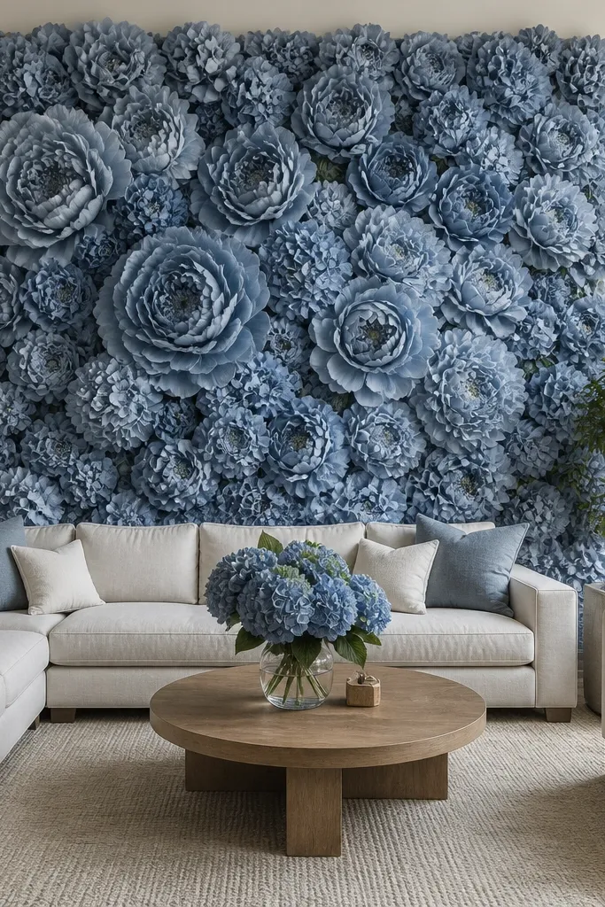 One-color flower wall made from paper blooms in soft pink behind a small white chair