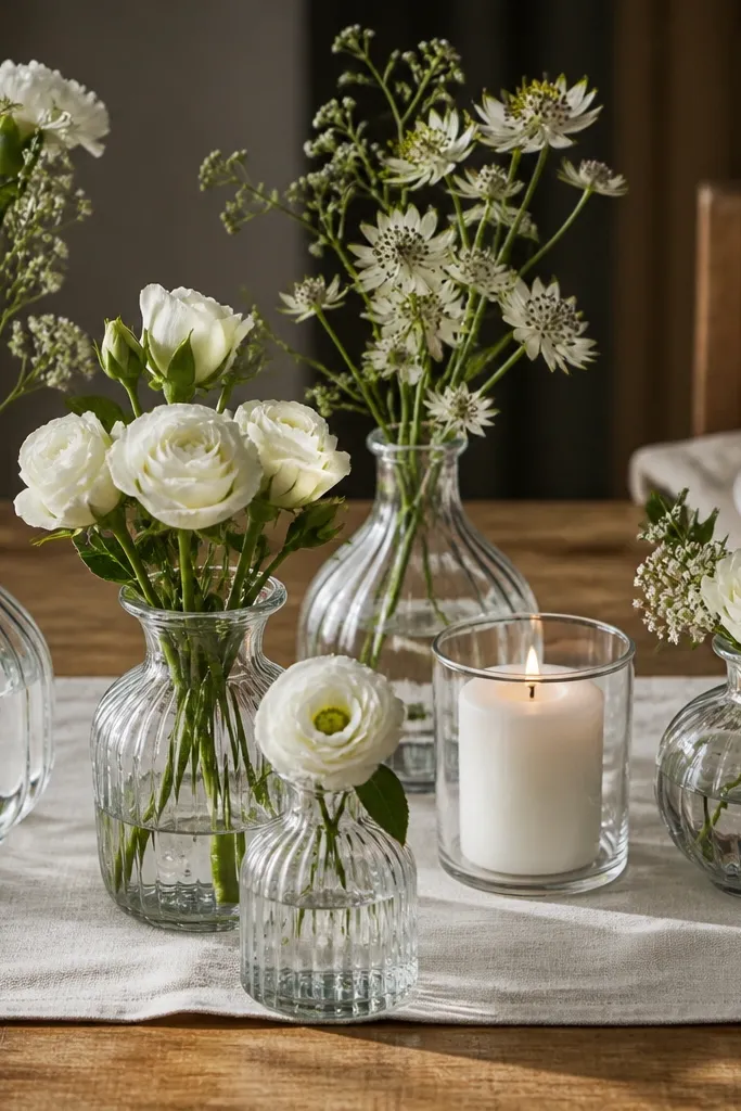 Cluster of bud vases with clear glass look, white blooms, and a candle on a dining table