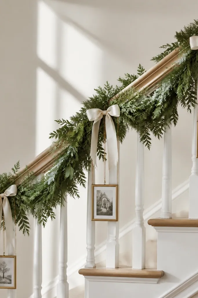 Greenery garland on stairs with small hanging frames and white ribbon bows