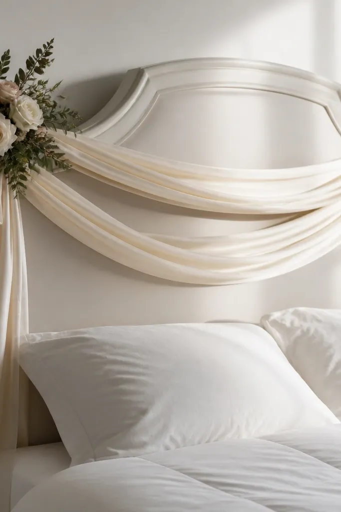 White bed headboard wrapped with flowing ribbon swags and a small floral bouquet