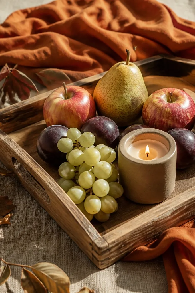 Tray with seasonal fruit, a small candle, and a linen cloth in autumn tones