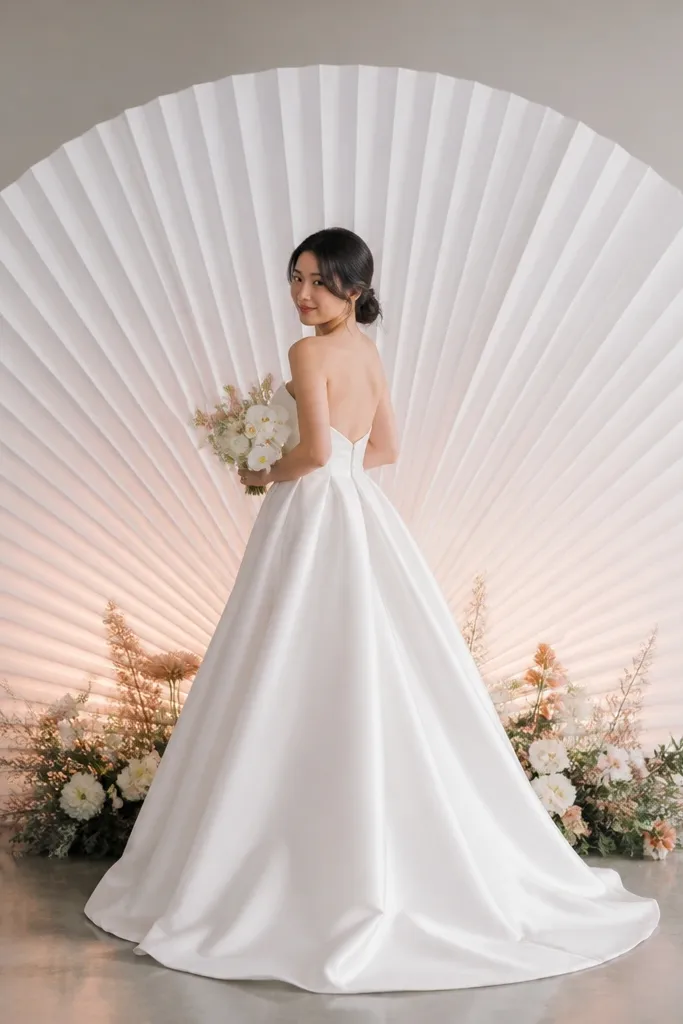 White paper fan backdrop with a soft ombre glow and a small floral arrangement at the base