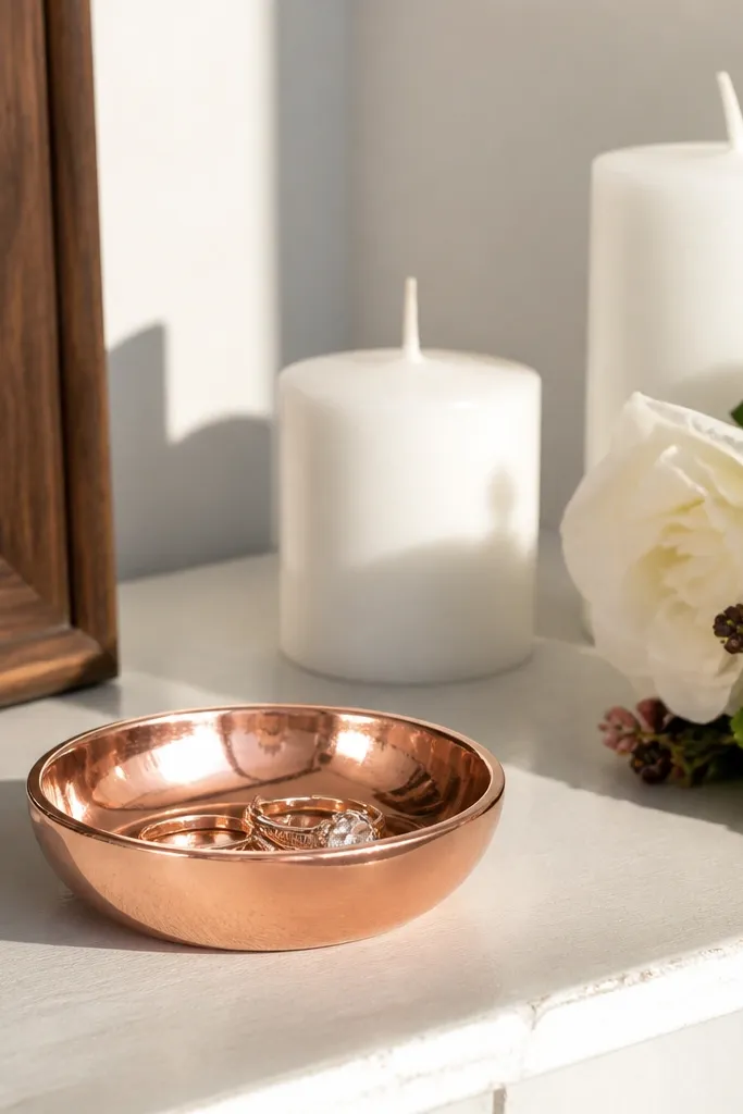 Rose-gold ring dish on a shelf with a small bouquet and white candles
