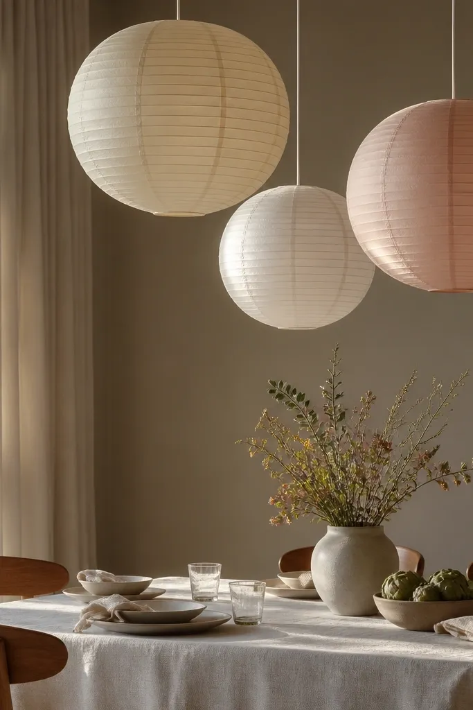 Three paper lanterns in ivory and blush hanging above a dining table