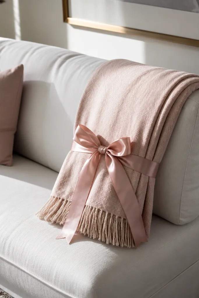 White sofa with a blush throw draped over the back and a satin ribbon tied neatly