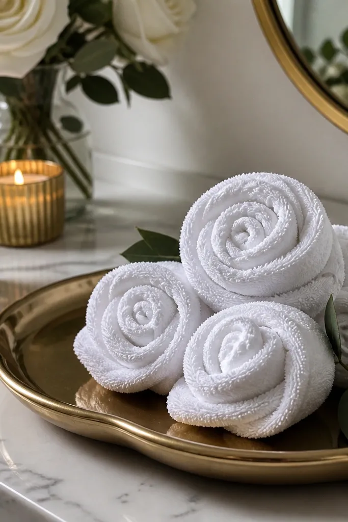 Rolled white towels shaped like roses on a vanity with a gold tray and small candles