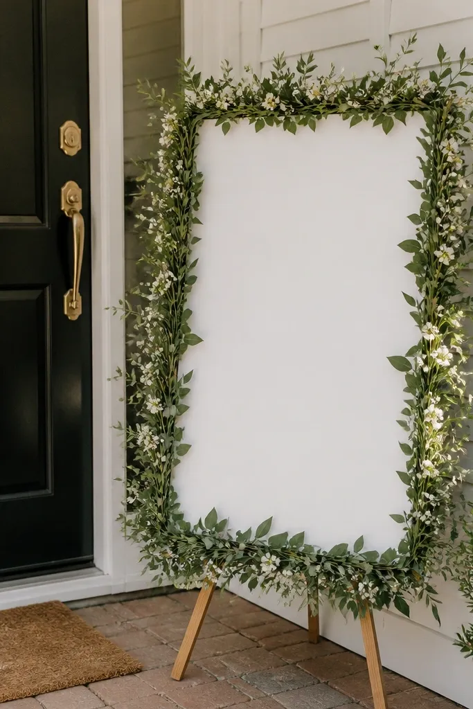 White welcome sign with a border of greenery and small white flowers beside the front door