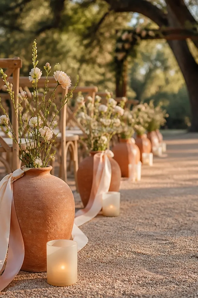 Terracotta bridesmaid dresses with warm cream bouquets and ivory candles