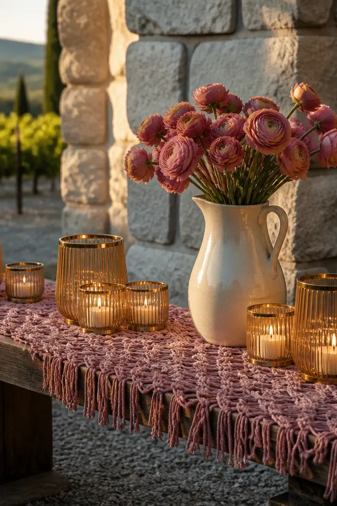 Dusty rose table runner with oat milk gold cutlery and soft blush florals